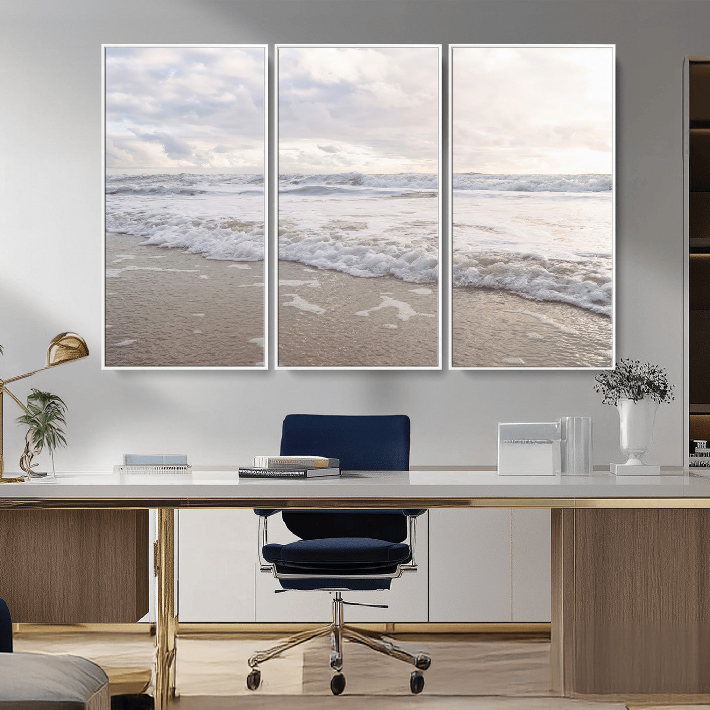 Peaceful ocean waves rolling onto the sandy shore under soft light, perfect for neutral or coastal minimalist decor themes.