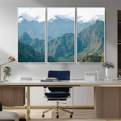 A misty mountain landscape with cloud-covered Andean peaks and lush green valleys, creating a dramatic and serene view, perfect for rustic or nature-inspired home decor.