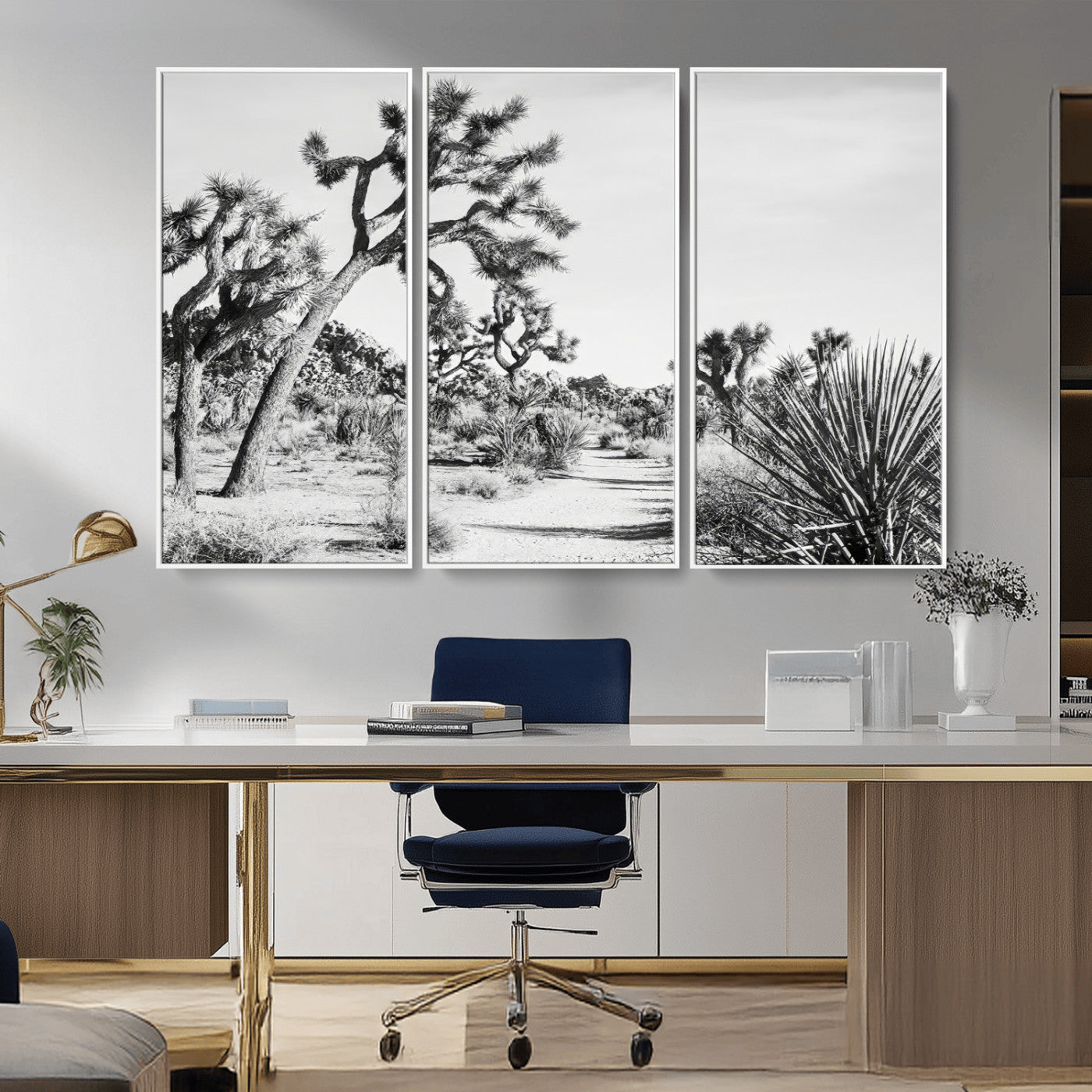 Canvas of a Joshua Tree forest in black and white tones, featuring a desert path and spiky vegetation, ideal for minimalist or rustic decor.