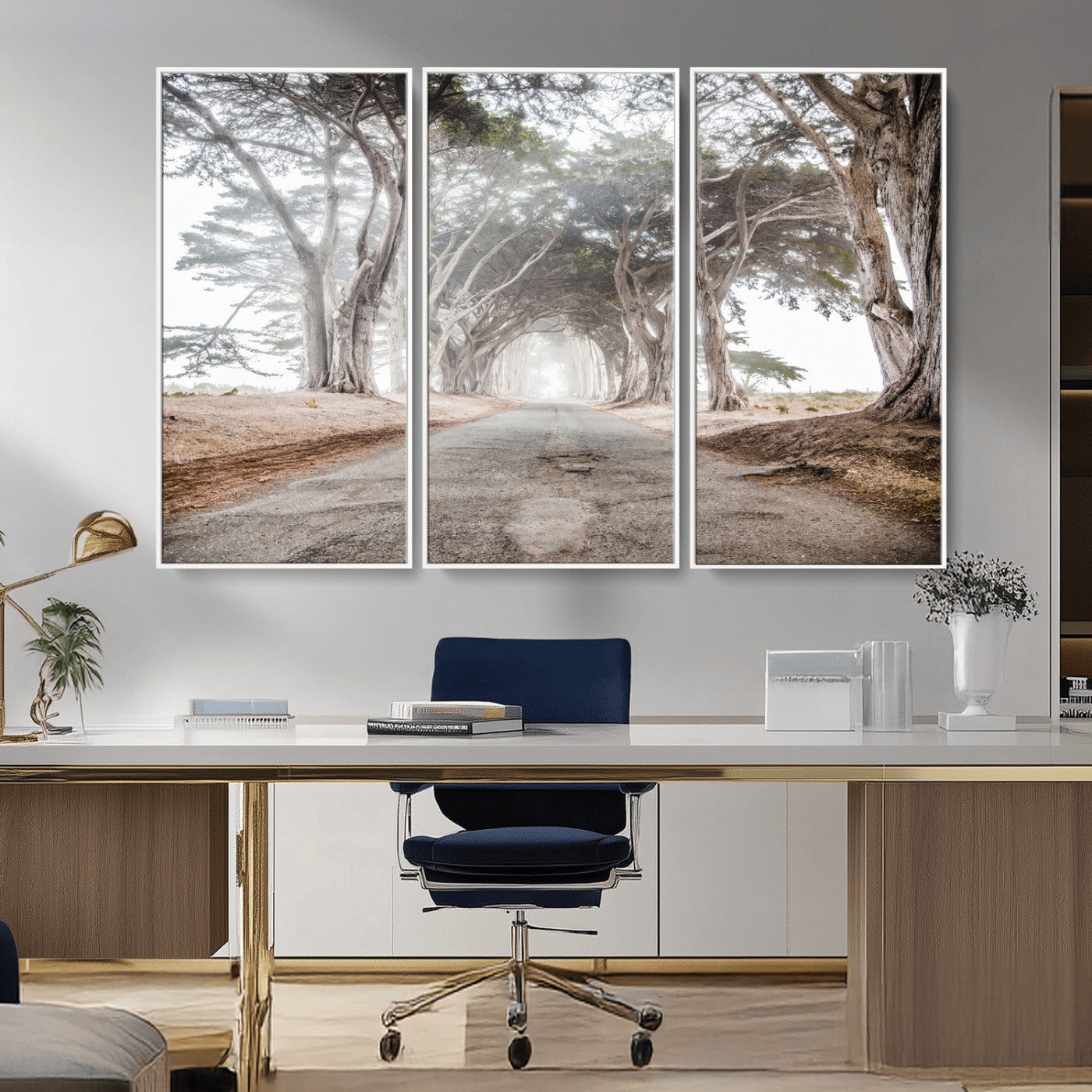 Canvas of a misty tree tunnel with arching cypress trees and an earthy road, ideal for rustic or coastal nature decor.
