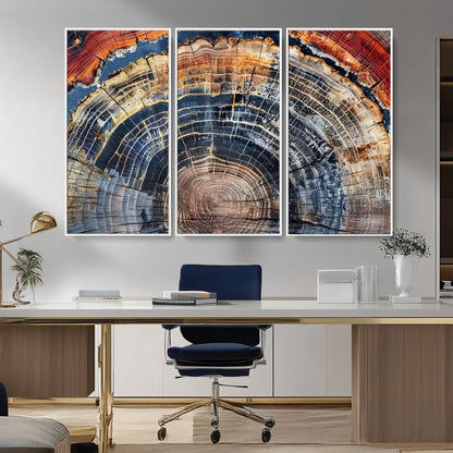 Vibrant tree ring with orange, brown, and blue tones in abstract detail, perfect for rustic or boho-inspired wall decor.