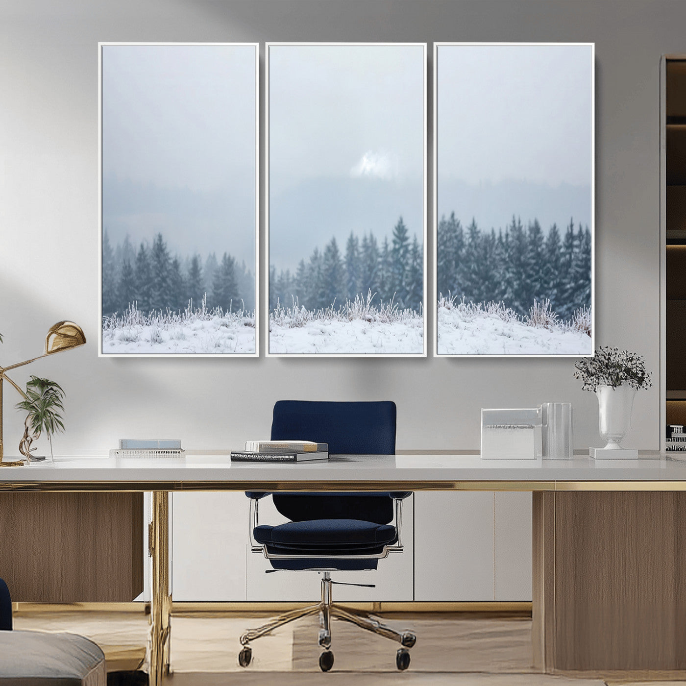 Snow-covered forest under misty sky, soft light breaking through clouds, ideal for minimalist or Nordic-inspired home decor.