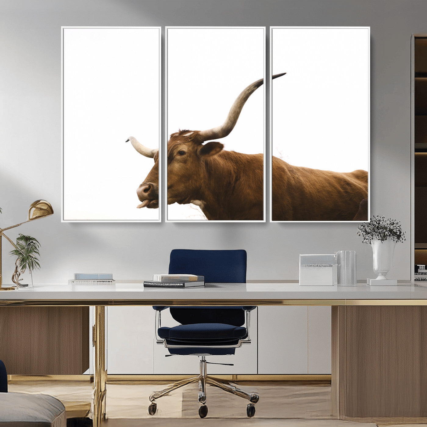 Minimal photo of a longhorn cow with white background, ideal for rustic, western or farmhouse-style interior decor.