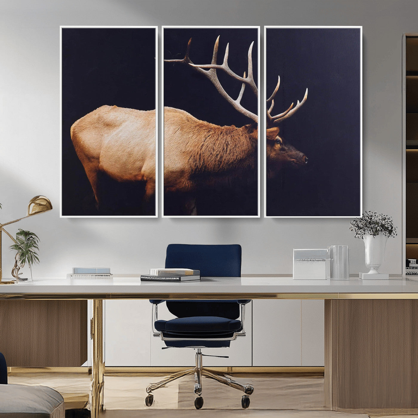 Side view of a majestic elk with large antlers against dark background, perfect for rustic lodge or cabin style home decoration.