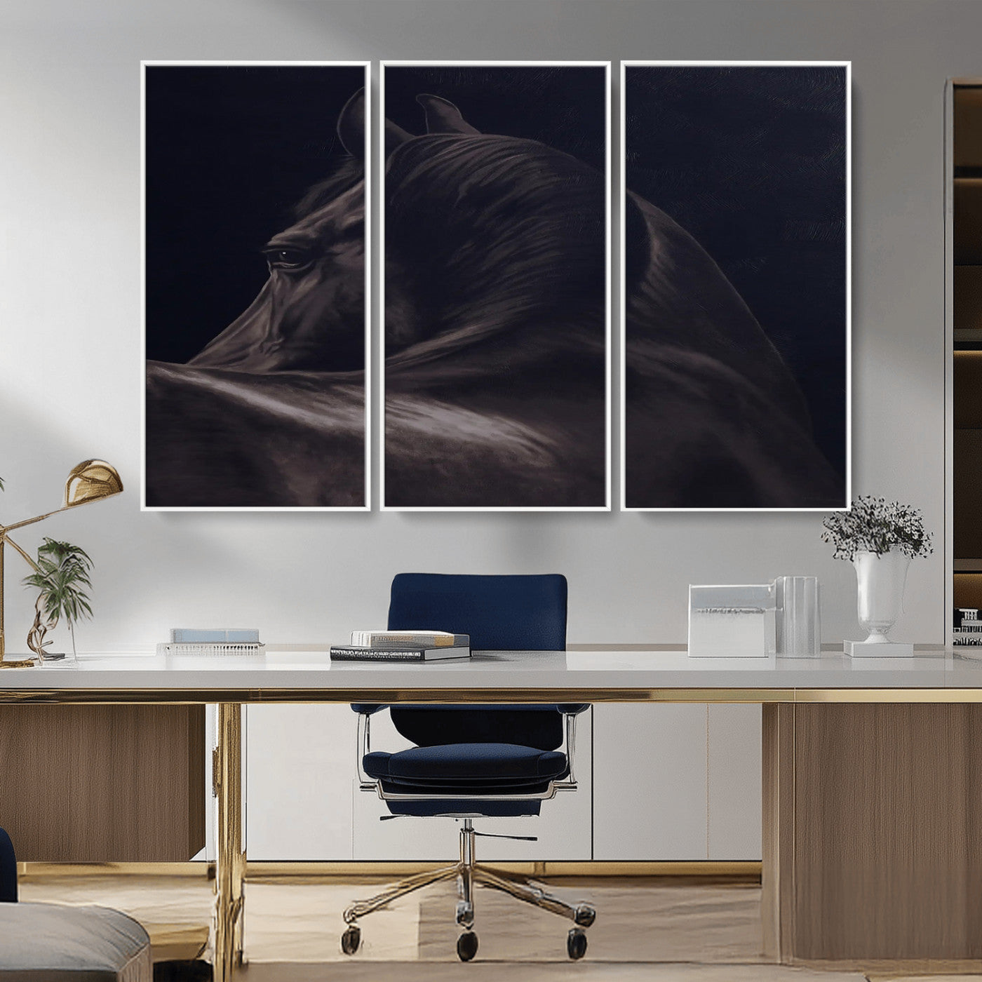 Close-up of a black horse with dramatic lighting on a dark background, perfect for rustic or masculine home decor.