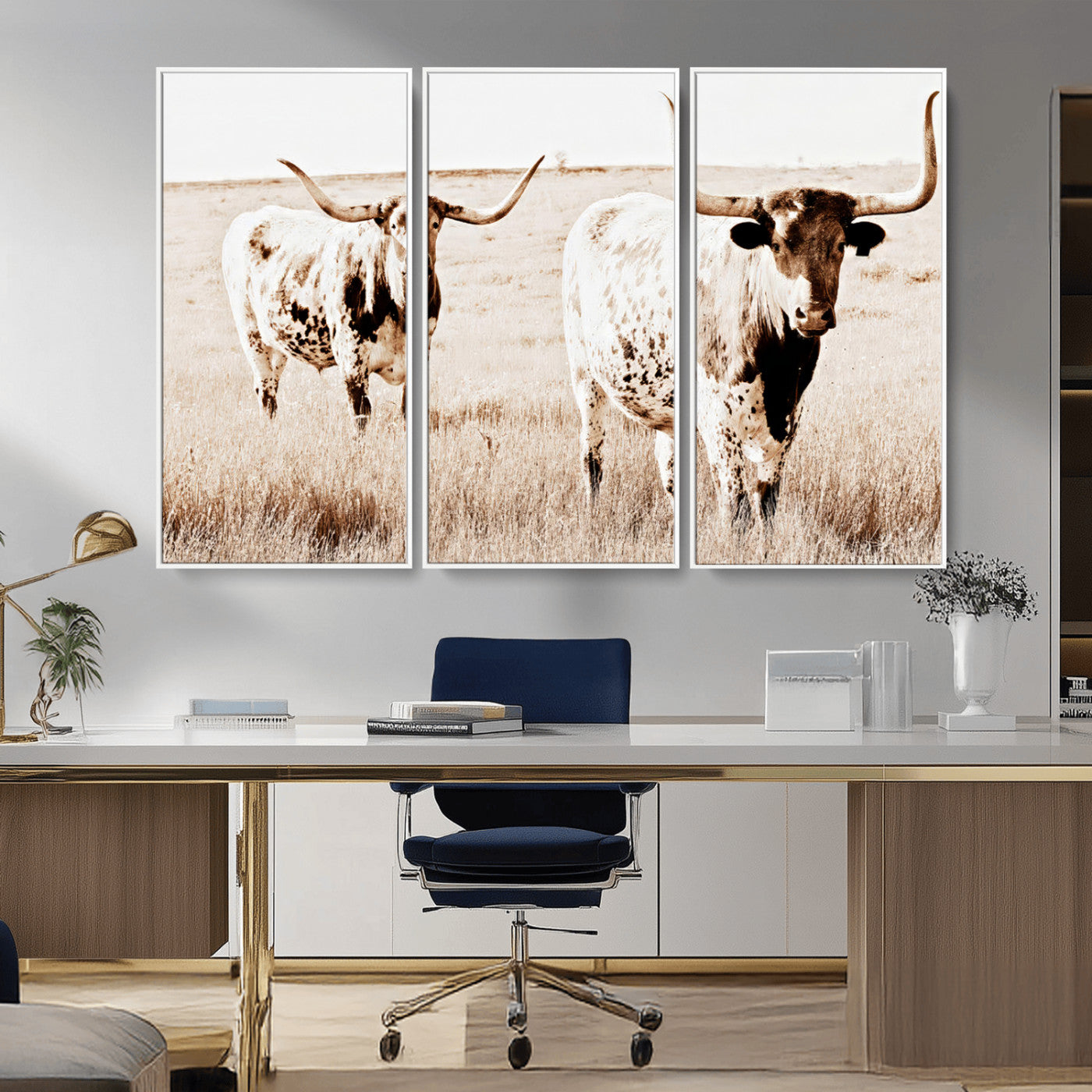 Two Texas longhorn cows standing in a sepia-toned pasture, evoking rustic charm perfect for farmhouse or western country interiors. (