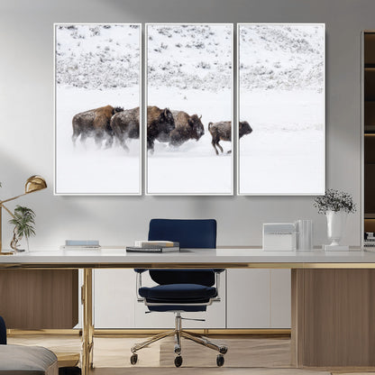 Bison herd running through a snowy open field with mountain backdrop, perfect for rustic or western-themed wall decoration.