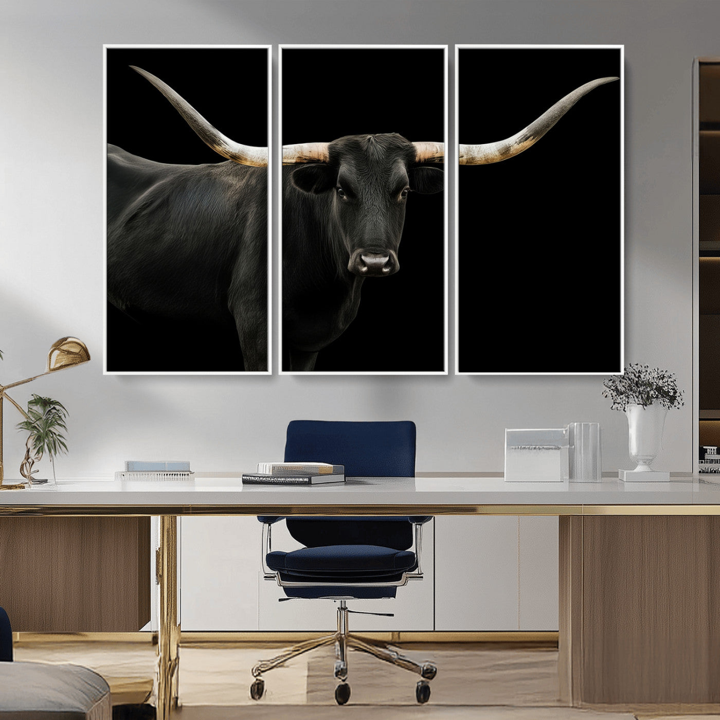 Close-up of a black Texas longhorn with large curved horns on black background, ideal for rustic farmhouse or modern western interiors.