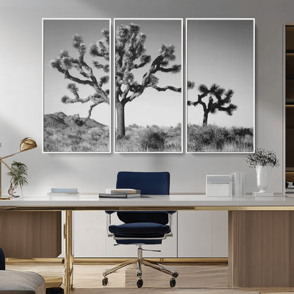 Black and white Joshua trees in a rugged desert landscape, creating a calm and minimalist feel for natural or rustic-themed interiors.