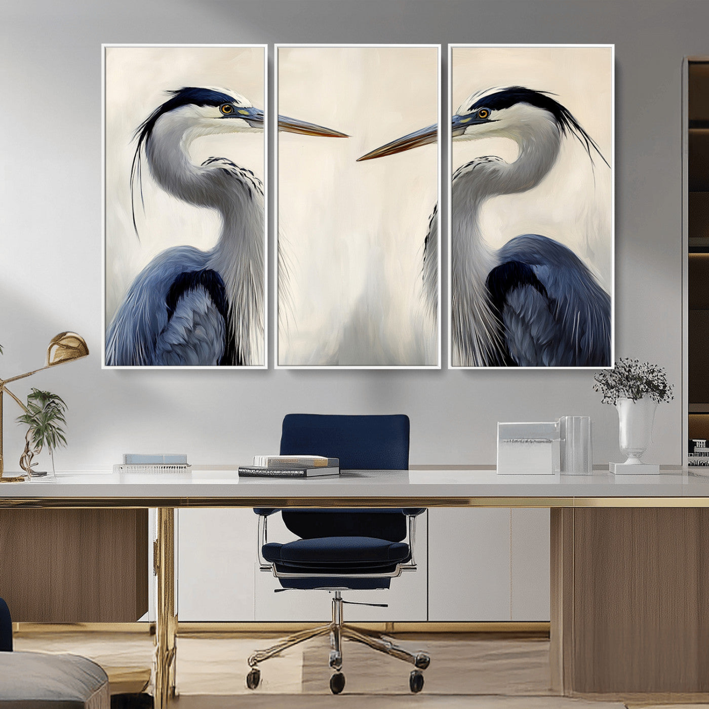 Two blue herons facing each other on a soft neutral background, ideal for coastal, tranquil, or nature-inspired minimalist interiors.