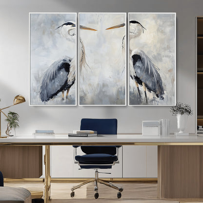 Two herons facing each other on a soft-toned background with blue-grey feathers, perfect for tranquil, coastal or nature-themed interiors.