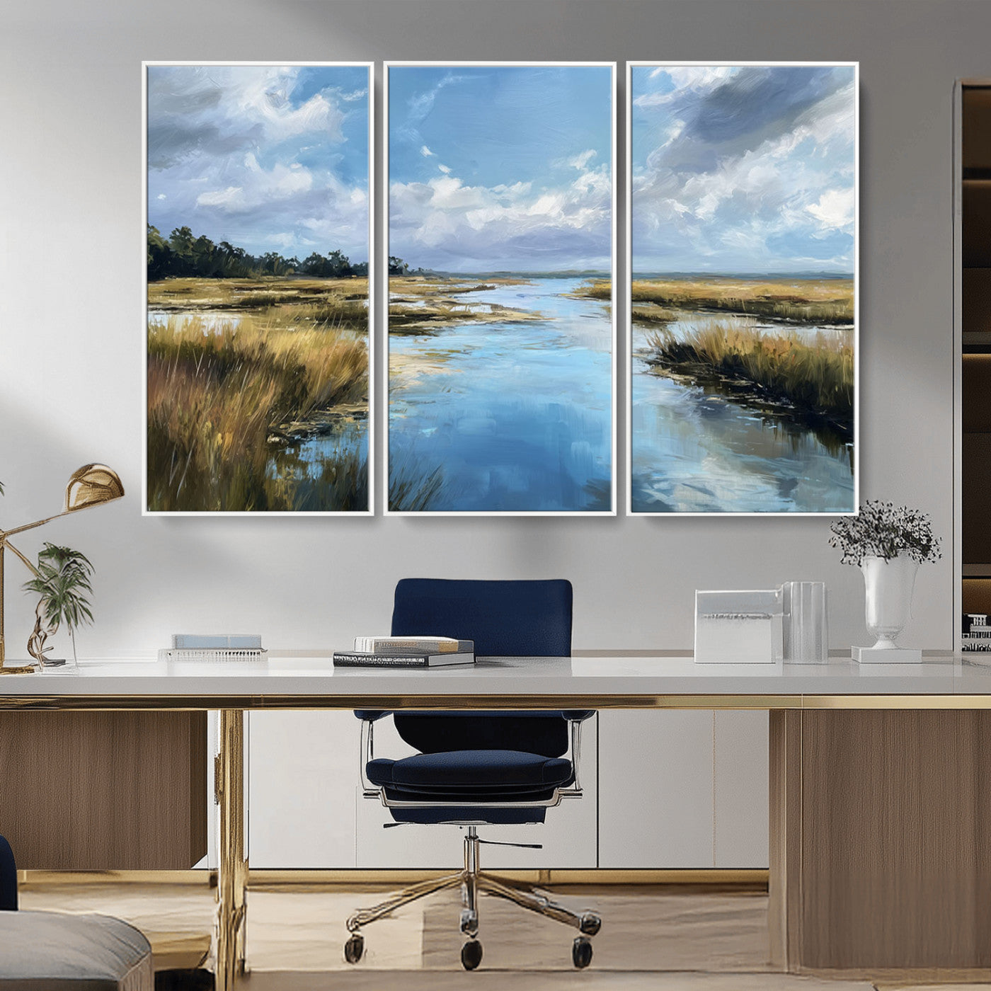 A beautiful, painterly landscape of a calm river winding through a marsh, with vibrant green grasses and a bright blue sky filled with fluffy clouds.