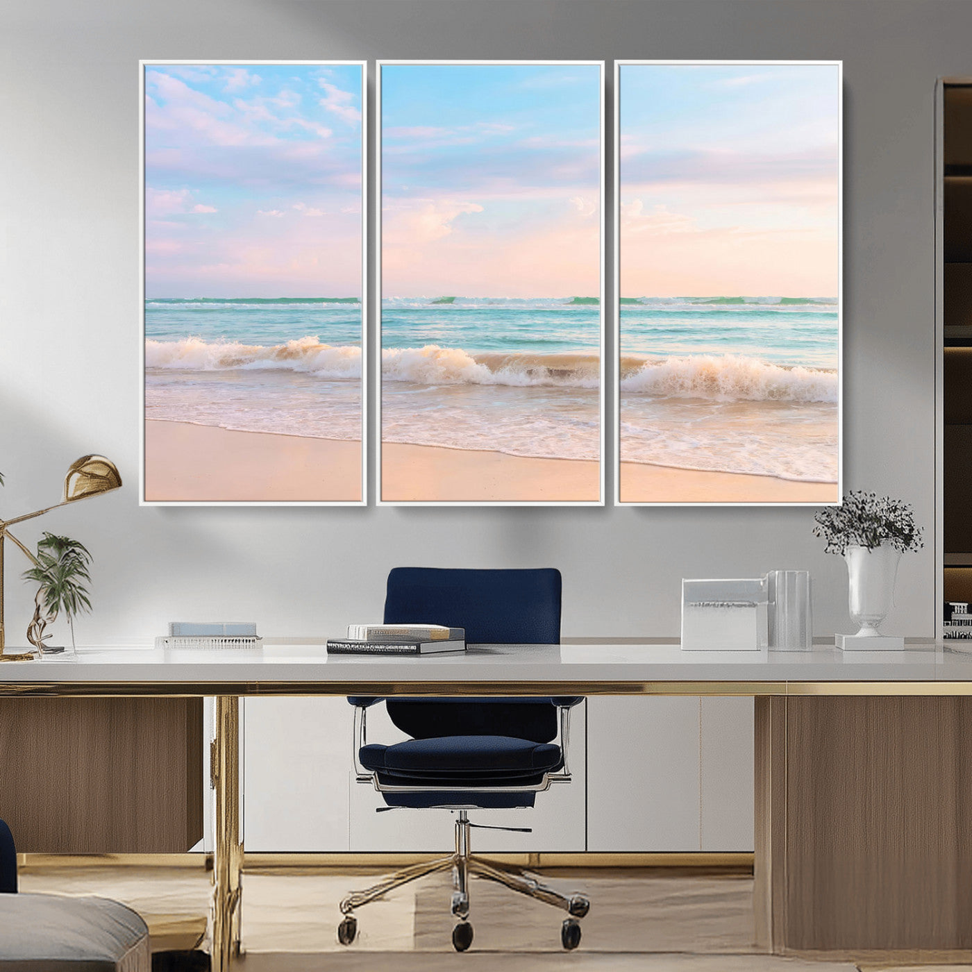 A peaceful beach scene with soft pastel skies, gentle waves washing up on the sandy shore, creating a calm and serene ocean view.