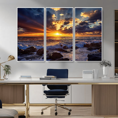 An explosive sunset over the ocean with dramatic clouds and rays of sunlight reflecting off the water, creating a vibrant and captivating view.