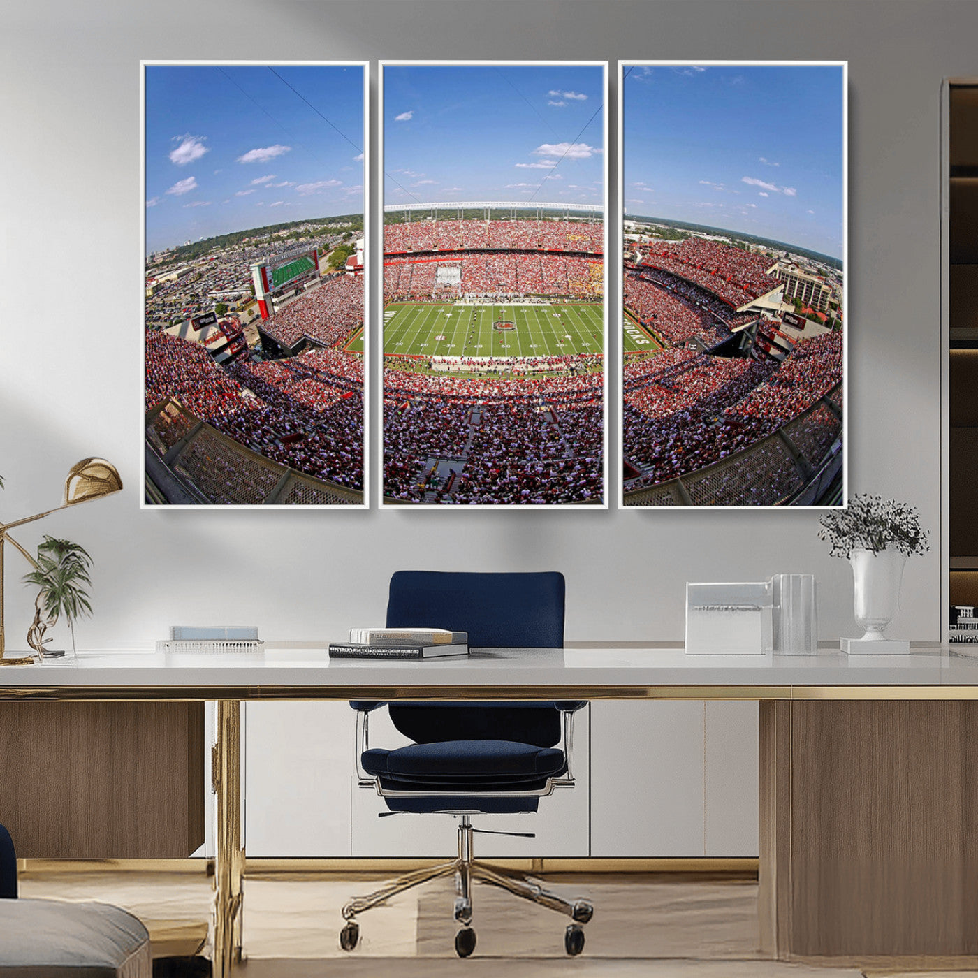 An William Brice-Stadium view of a full football stadium with cheering fans and clear blue skies, capturing the excitement and energy of the game.
