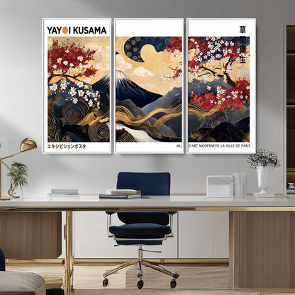 An artwork by Yayoi Kusama featuring Mount Fuji, blooming cherry blossoms, and swirling patterns in a harmonious blend of nature and art.