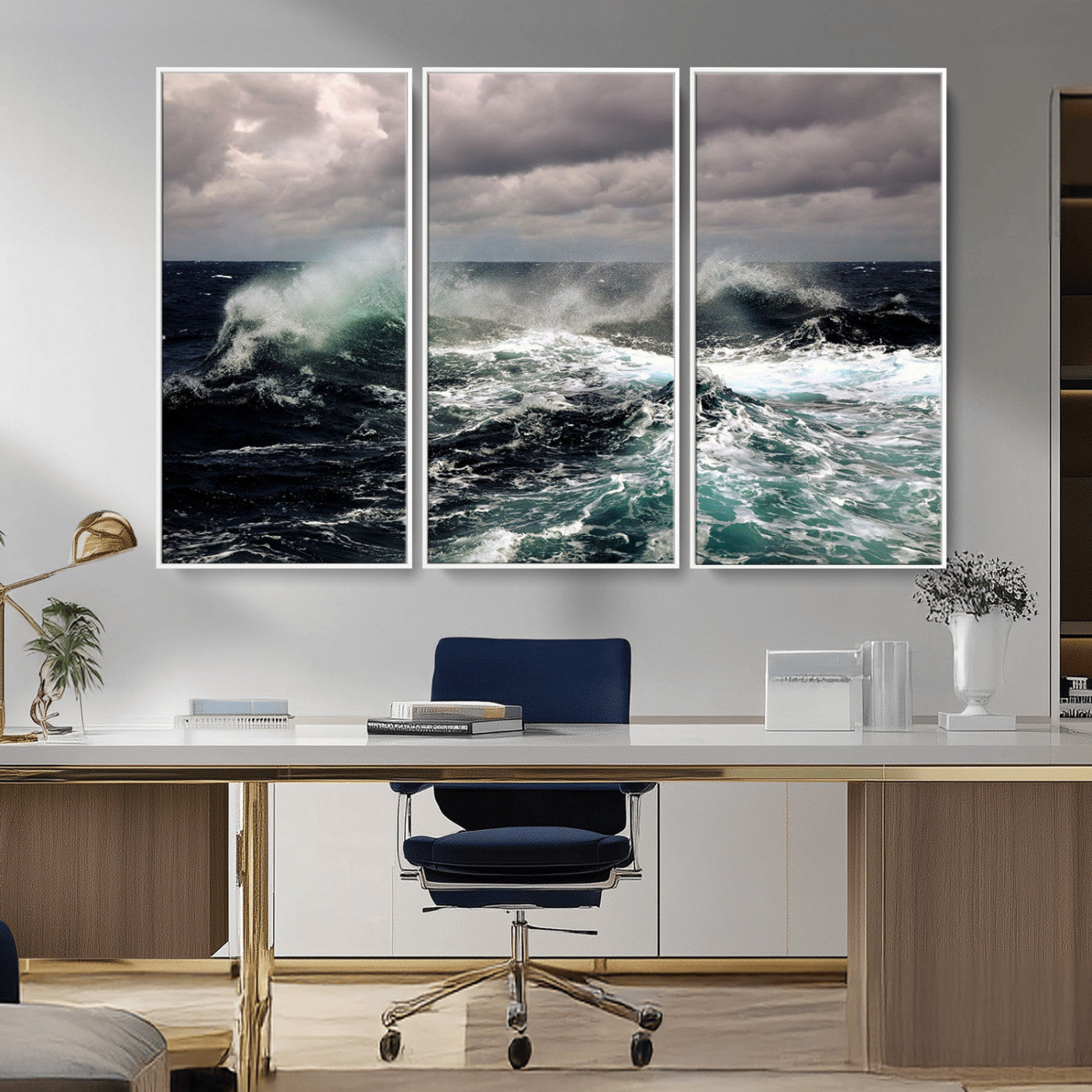 Powerful ocean waves crashing under stormy skies, creating a dynamic and intense seascape.