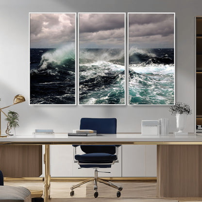 Powerful ocean waves crashing under stormy skies, creating a dynamic and intense seascape.