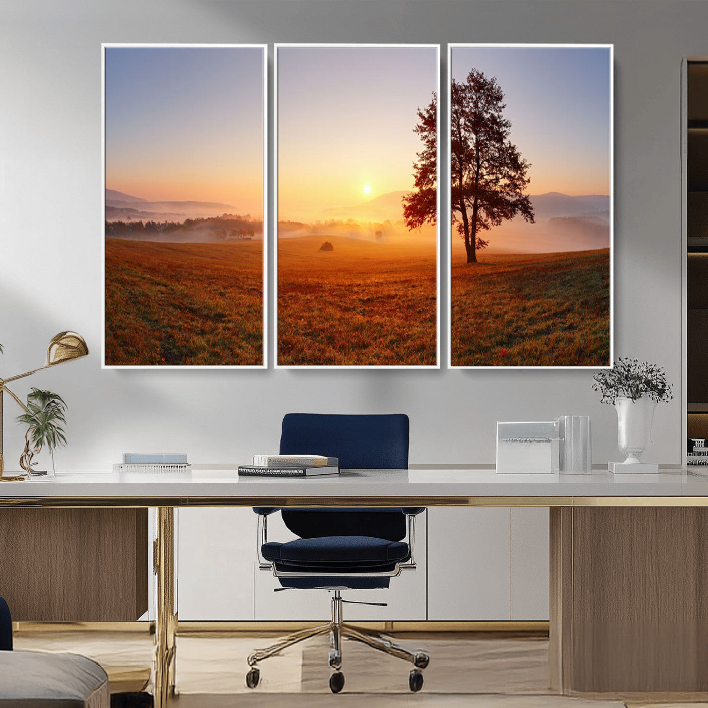 A tranquil landscape at sunrise with a mist-covered field and a lone tree, creating a peaceful and natural atmosphere.