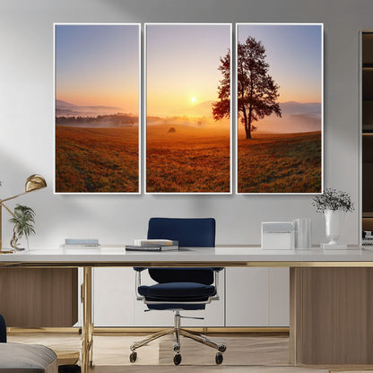 A tranquil landscape at sunrise with a mist-covered field and a lone tree, creating a peaceful and natural atmosphere.