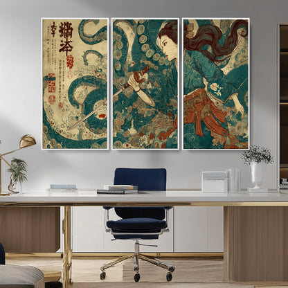 Tsukioka Yoshitoshi Samurai Wall Art Print, Japanese Katana Warrior Canvas Wall Art, Octopus Sea Monster Canvas Print,