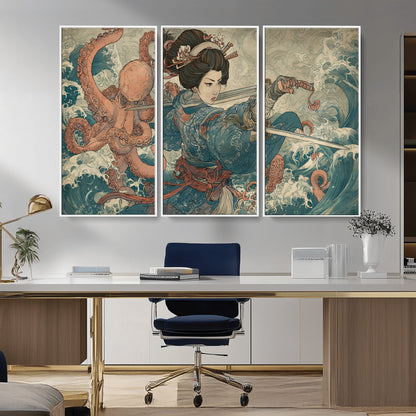 Tsukioka Yoshitoshi Samurai Wall Art Print, Japanese Katana Warrior Canvas Wall Art, Octopus Sea Monster Canvas Print,