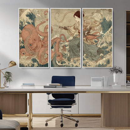 Tsukioka Yoshitoshi Samurai Wall Art Print, Japanese Katana Warrior Canvas Wall Art, Octopus Sea Monster Canvas Print,