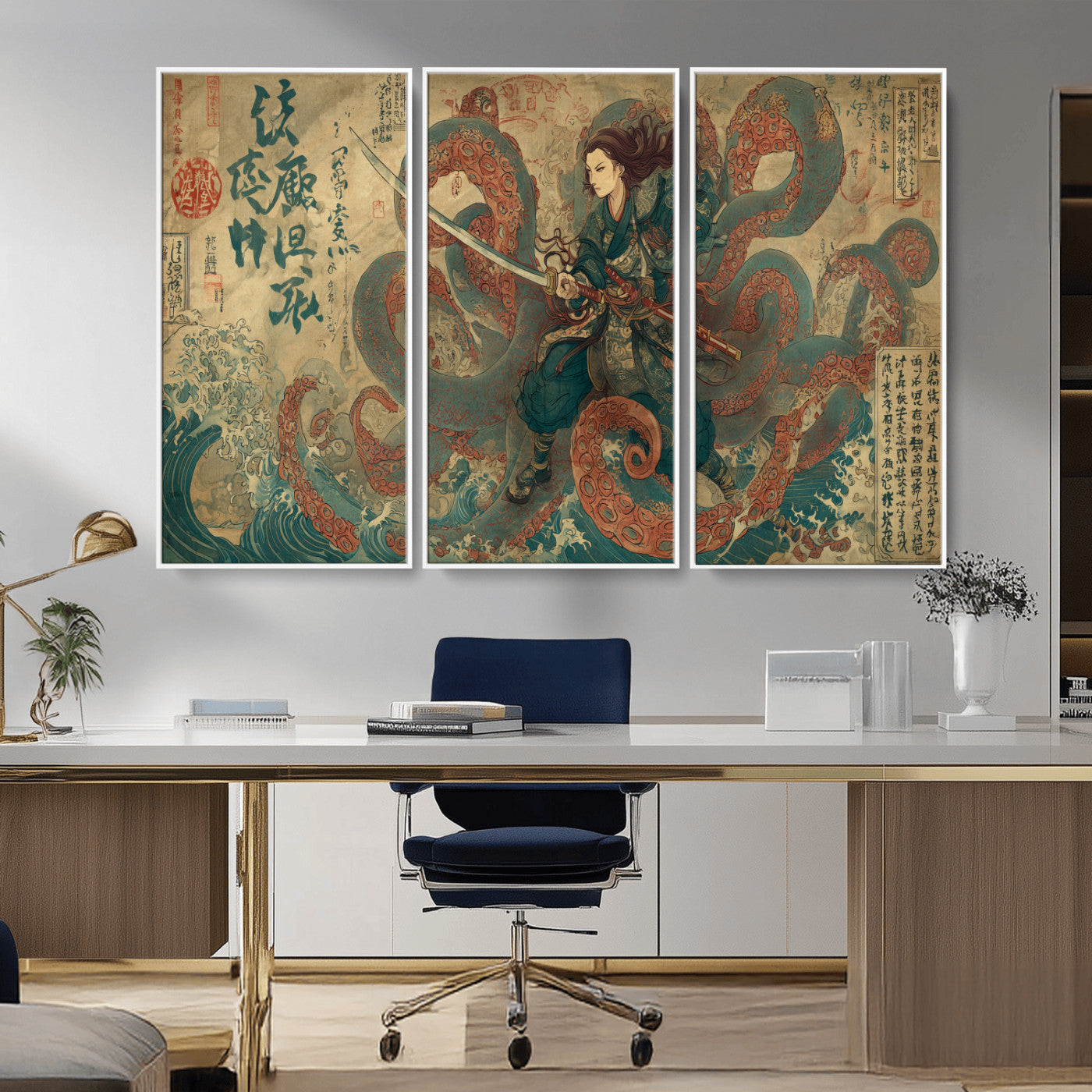 Tsukioka Yoshitoshi Samurai Wall Art Print, Japanese Katana Warrior Canvas Wall Art, Octopus Sea Monster Canvas Print,