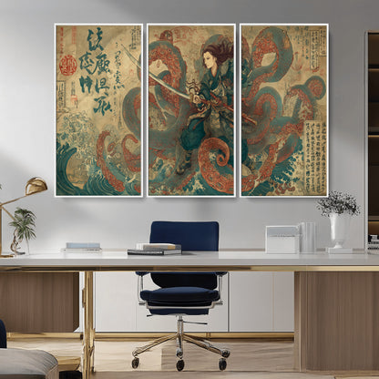 Tsukioka Yoshitoshi Samurai Wall Art Print, Japanese Katana Warrior Canvas Wall Art, Octopus Sea Monster Canvas Print,