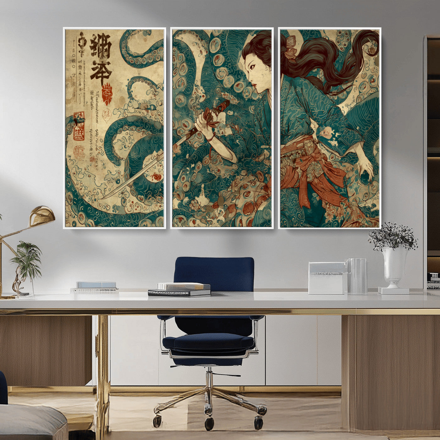 Tsukioka Yoshitoshi Samurai Wall Art Print, Japanese Katana Warrior Canvas Wall Art, Octopus Sea Monster Canvas Print,