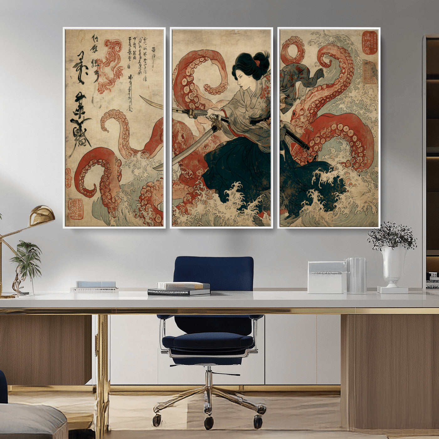 Tsukioka Yoshitoshi Samurai Wall Art Print, Japanese Katana Warrior Canvas Wall Art, Octopus Sea Monster Canvas Print,