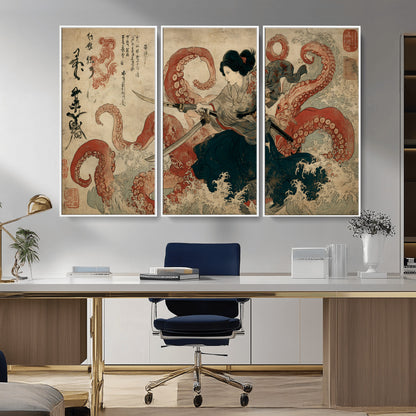 Tsukioka Yoshitoshi Samurai Wall Art Print, Japanese Katana Warrior Canvas Wall Art, Octopus Sea Monster Canvas Print,