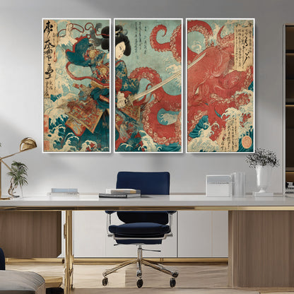 Tsukioka Yoshitoshi Samurai Wall Art Print, Japanese Katana Warrior Canvas Wall Art, Octopus Sea Monster Canvas Print,