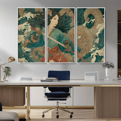 Tsukioka Yoshitoshi Samurai Wall Art Print, Japanese Katana Warrior Canvas Wall Art, Octopus Sea Monster Canvas Print,