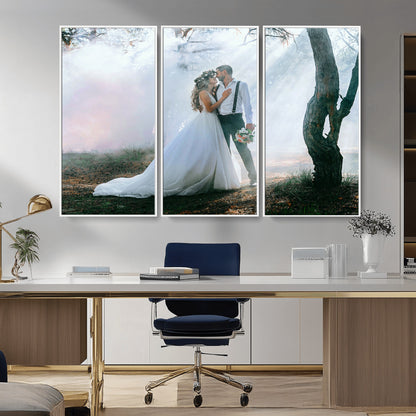 MGV-FC-48X32-3P - Forest Wedding Wall Art – Romantic Bride and Groom Canvas Print, Enchanted Woodland Photography Decor for Bedroom, Living Room, or Wedding Gift