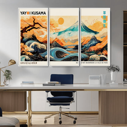 Modern Japanese-style art print featuring a stylized Mount Fuji, flowing waves, and vibrant landscapes in bold colors, inspired by traditional and contemporary aesthetics.