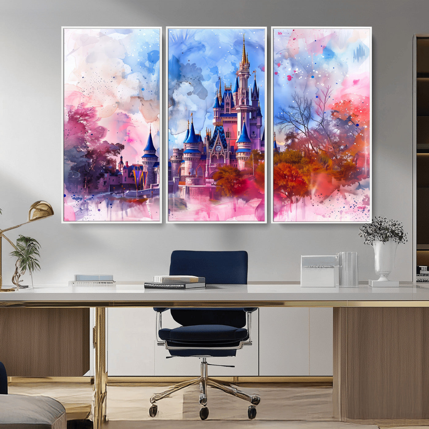 Watercolor canvas of a dreamy Disney-style castle in pastel pink and blue tones, perfect for fairytale or whimsical home decor.