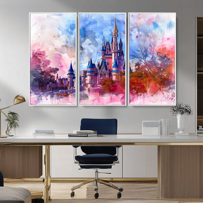 Watercolor canvas of a dreamy Disney-style castle in pastel pink and blue tones, perfect for fairytale or whimsical home decor.