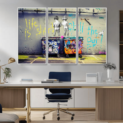 Graffiti-style canvas art with bold text and two naked figures over urban dumpsters, ideal for edgy or street-style decor.