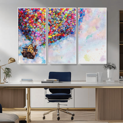Whimsical canvas of the house from the movie Up flying with colorful balloons, ideal for Pixar or animation-themed decor.