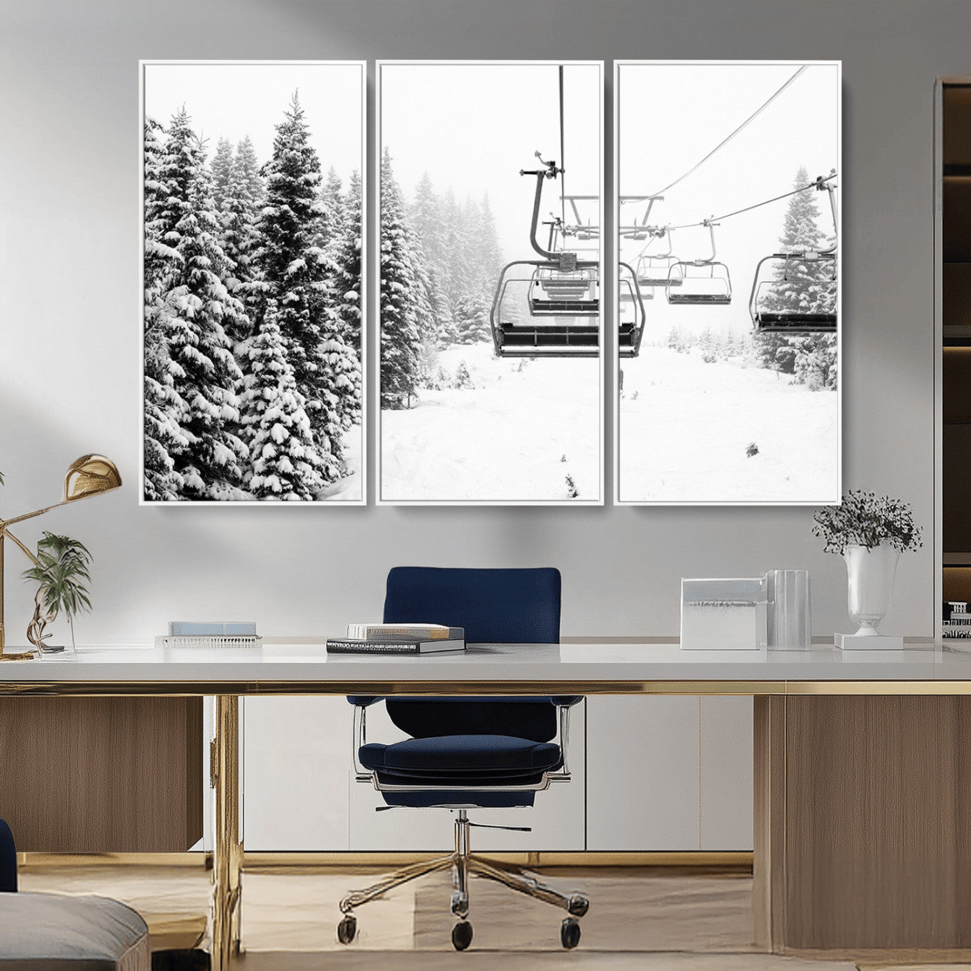 Black and white canvas of empty ski lifts over a snowy pine forest, perfect for minimal winter or ski lodge-inspired decor.