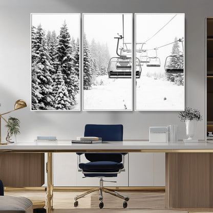 Black and white canvas of empty ski lifts over a snowy pine forest, perfect for minimal winter or ski lodge-inspired decor.