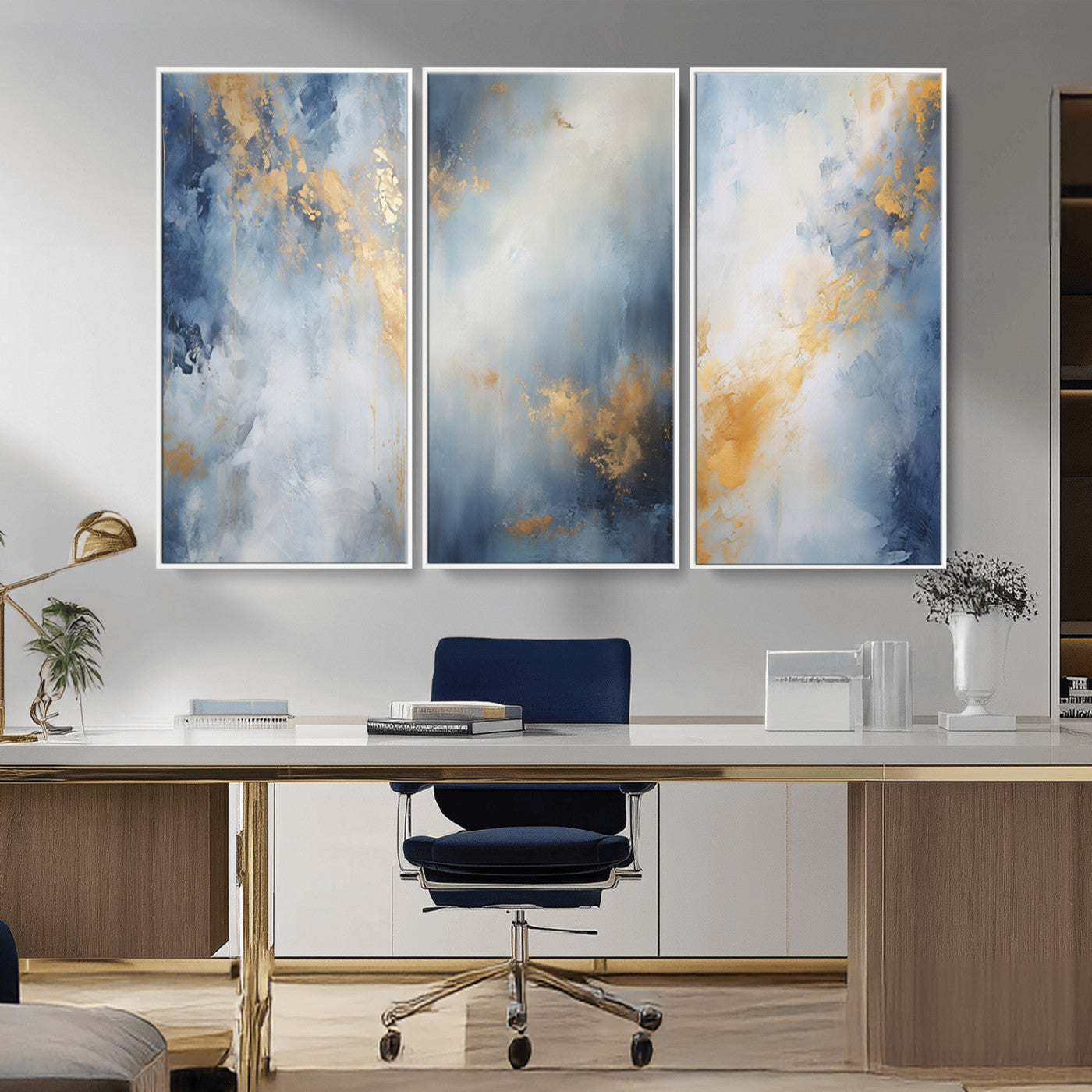 Abstract canvas art in soft blue and gold tones with textured brushstrokes, ideal for elegant or modern neutral decor spaces.