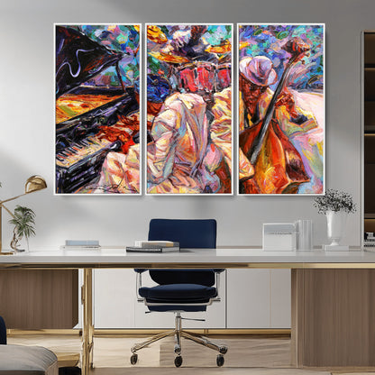 Vibrant oil painting of a jazz band with piano, saxophone, and bass, ideal for colorful and expressive music-themed home decor.