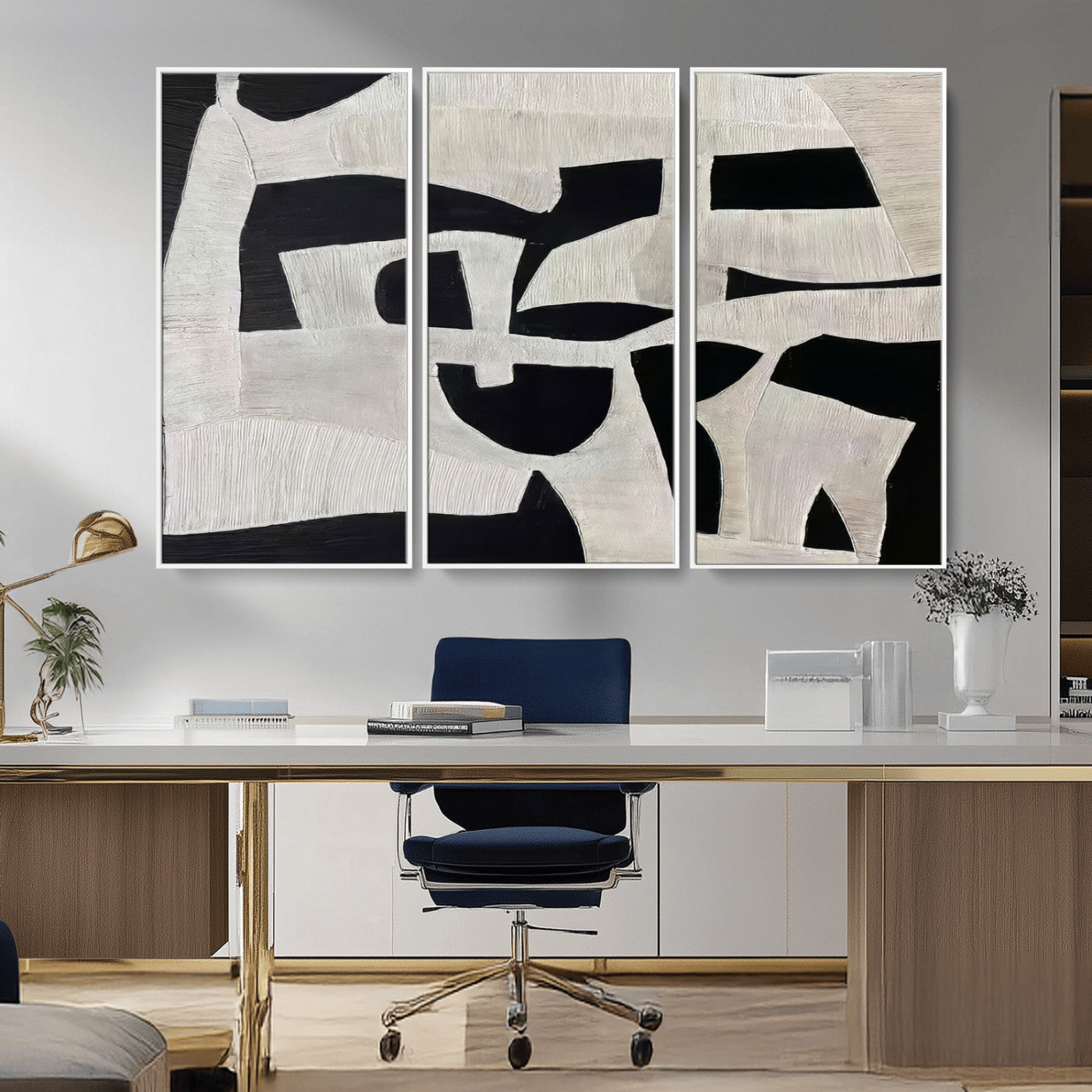 Minimalist black and white canvas featuring bold abstract textures and geometric shapes, ideal for modern neutral decor.