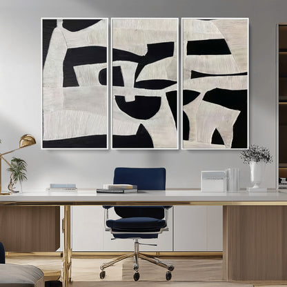 Minimalist black and white canvas featuring bold abstract textures and geometric shapes, ideal for modern neutral decor.