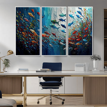 Colorful painting of fish swimming in abstract ocean swirls, perfect for vibrant marine-themed or expressive coastal home decor.