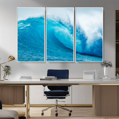Vibrant canvas of a powerful curling ocean wave in tropical blue tones, perfect for coastal or surf-inspired decor settings.