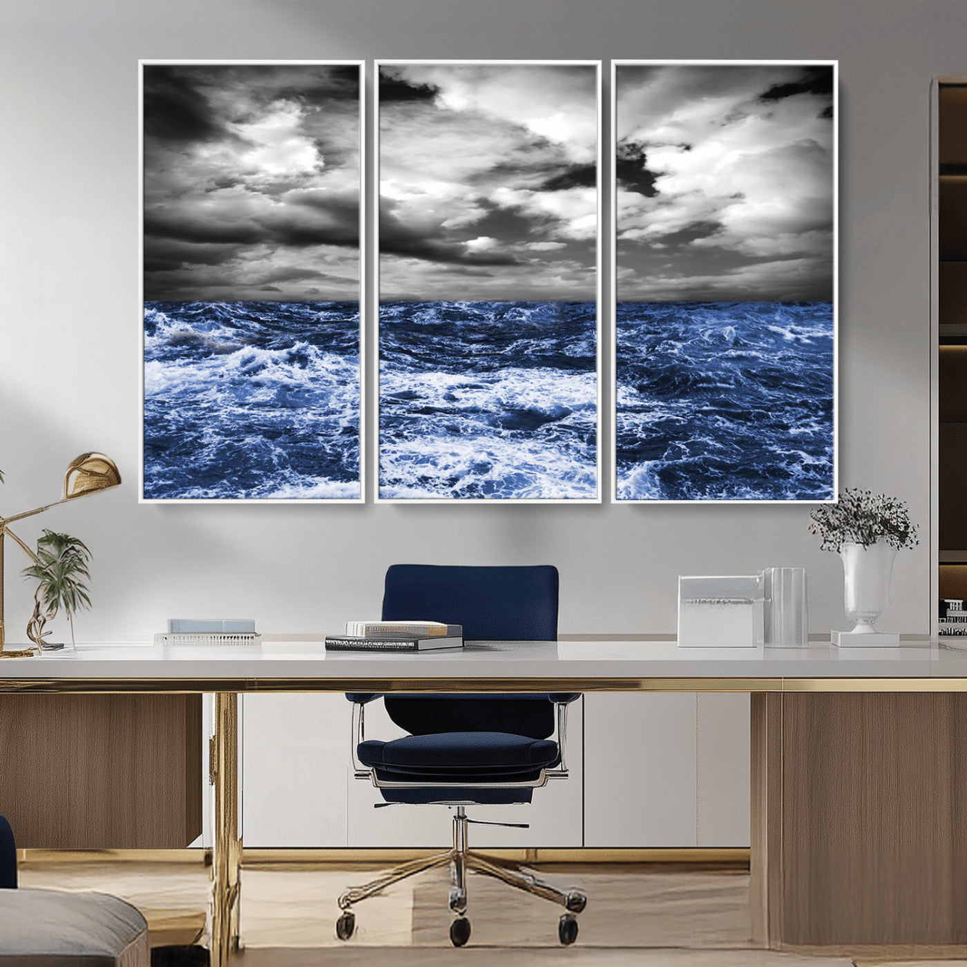 Moody canvas wall art of a stormy ocean under a dramatic black-and-white sky, perfect for bold or coastal-style interiors.