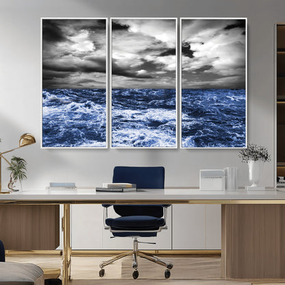 Moody canvas wall art of a stormy ocean under a dramatic black-and-white sky, perfect for bold or coastal-style interiors.